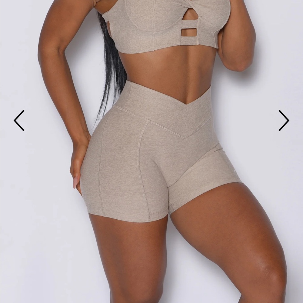 Bombshell Sportswear Beige High-Waist V-Cut Athletic Shorts